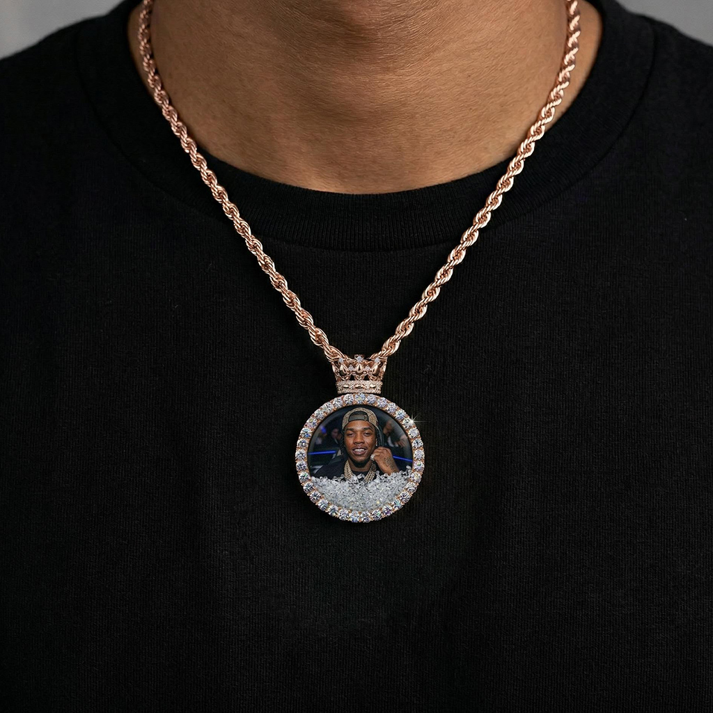 Icy-Filled Crown Disc Custom Photo Pendant