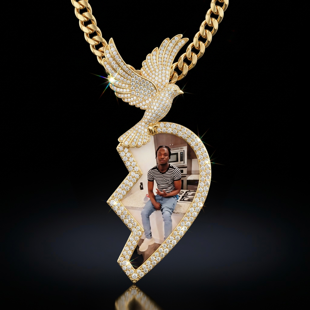 Iced Out 3" Broken Heart Peace Dove Custom Photo Pendant Iced Out 3" Broken Heart Peace Dove Custom Photo Pendant