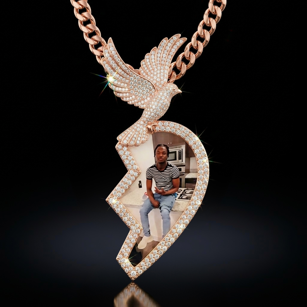 Iced Out 3" Broken Heart Peace Dove Custom Photo Pendant Iced Out 3" Broken Heart Peace Dove Custom Photo Pendant