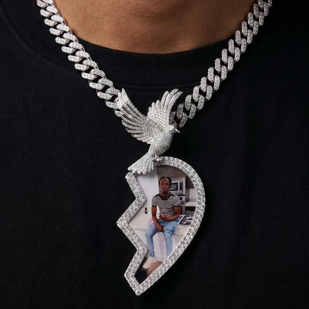 Iced Out 3" Broken Heart Peace Dove Custom Photo Pendant Iced Out 3" Broken Heart Peace Dove Custom Photo Pendant