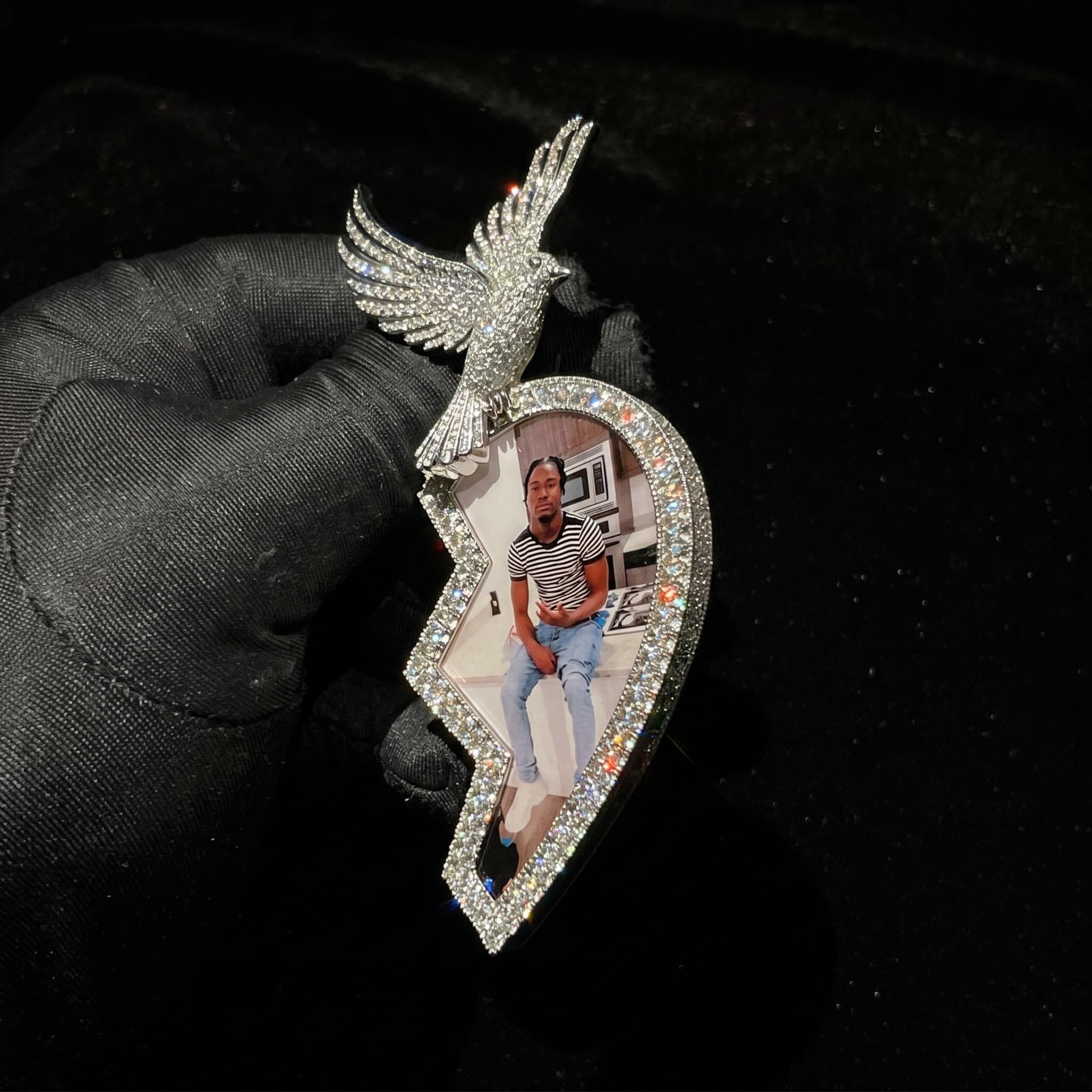 Iced Out 3" Broken Heart Peace Dove Custom Photo Pendant Iced Out 3" Broken Heart Peace Dove Custom Photo Pendant