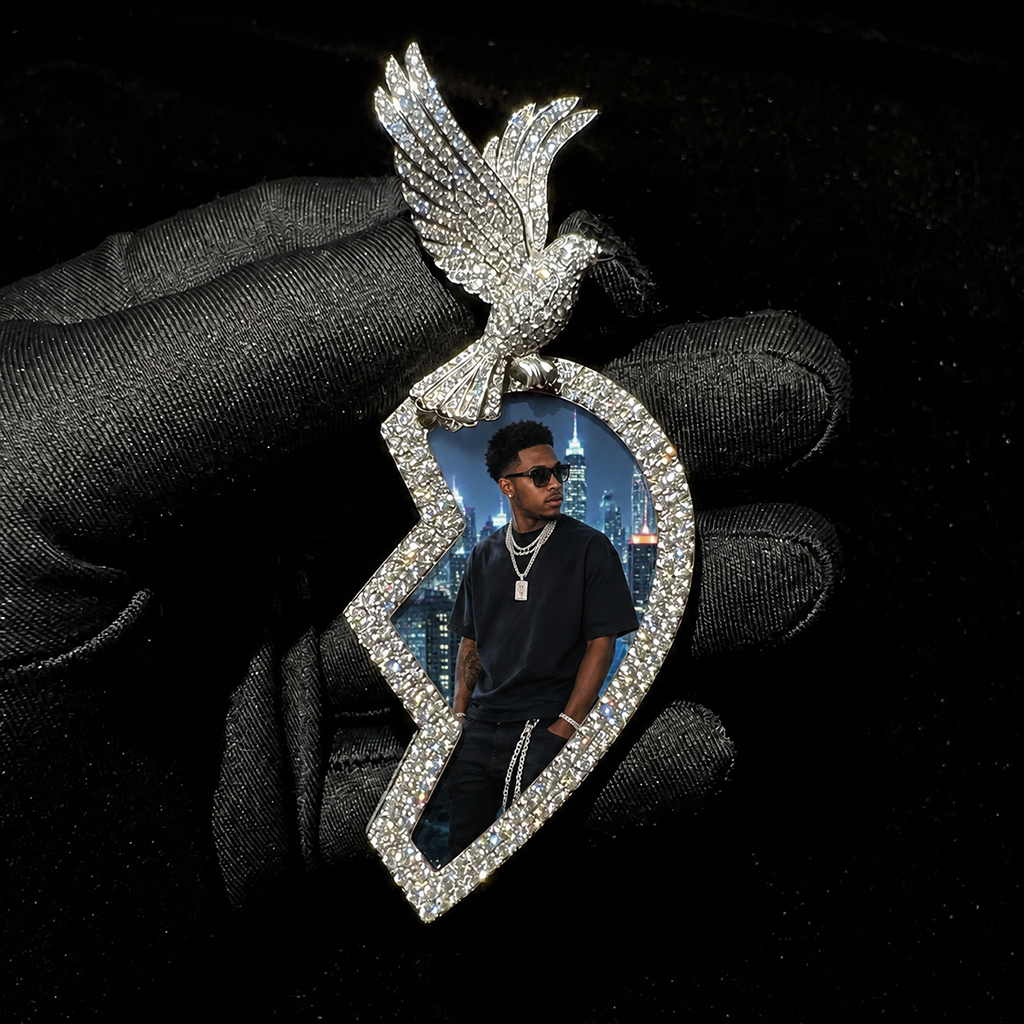 Iced Out 3" Broken Heart Peace Dove Custom Photo Pendant Iced Out 3" Broken Heart Peace Dove Custom Photo Pendant