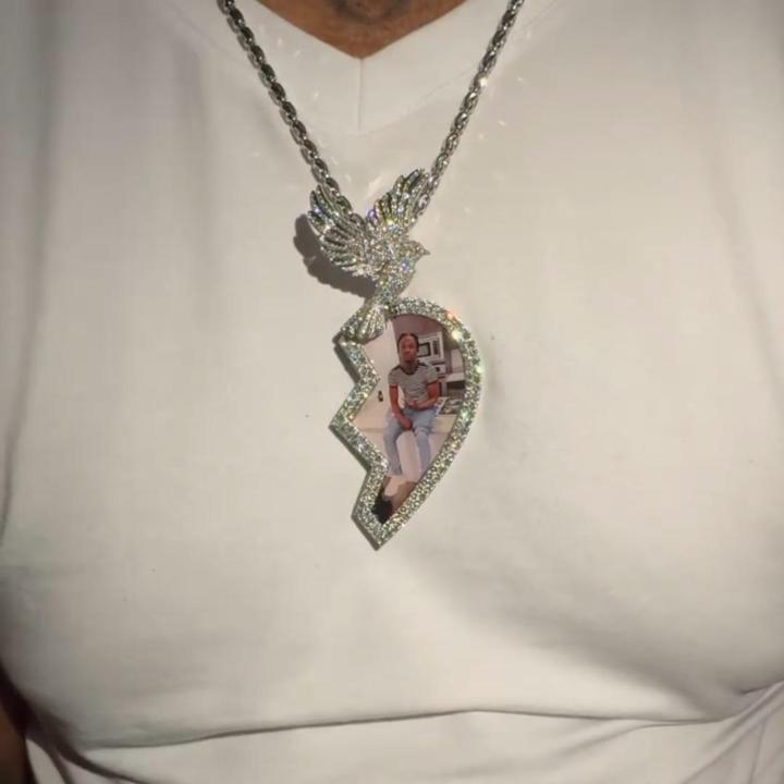 Iced Out 3" Broken Heart Peace Dove Custom Photo Pendant Iced Out 3" Broken Heart Peace Dove Custom Photo Pendant