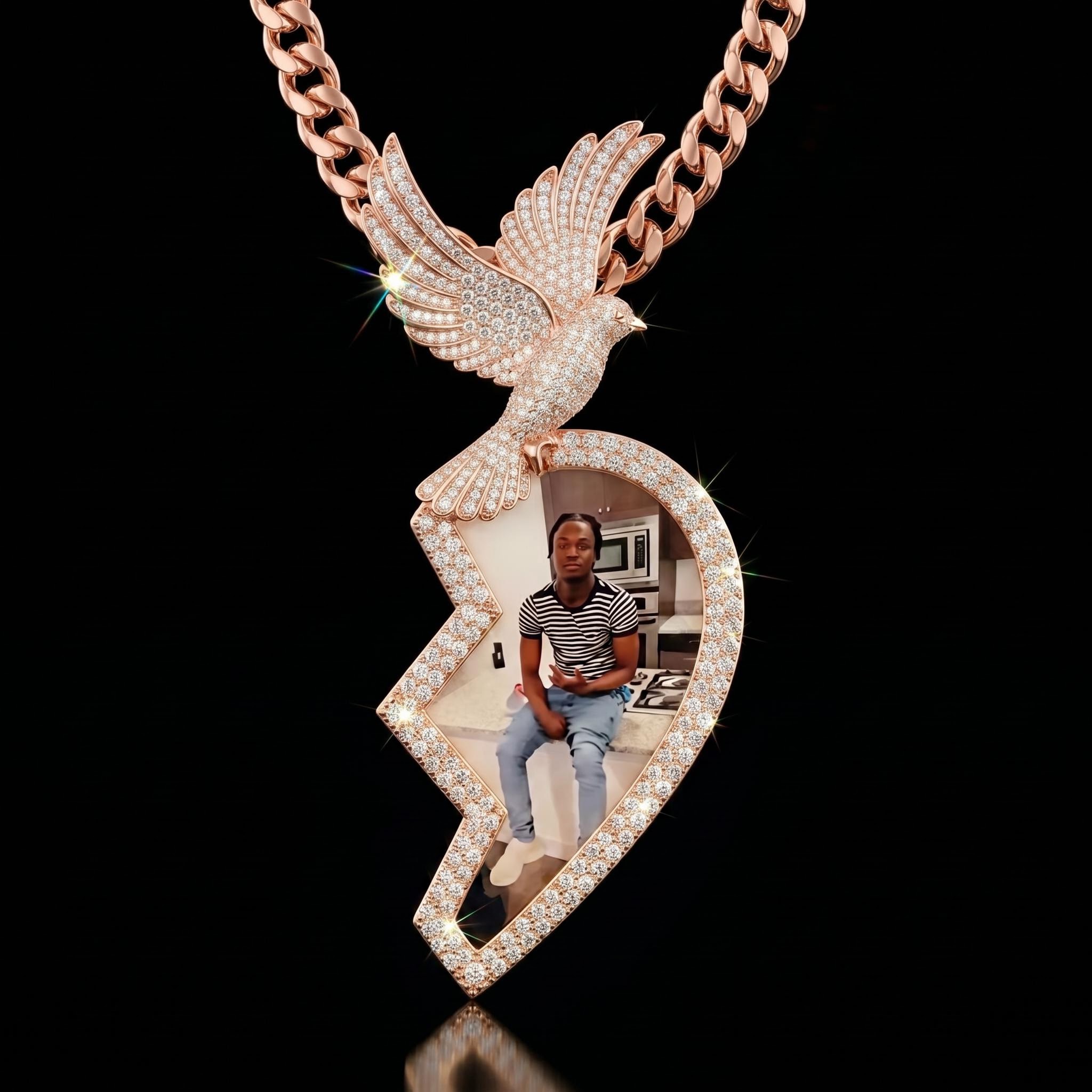 Iced Out 3" Broken Heart Peace Dove Custom Photo Pendant Iced Out 3" Broken Heart Peace Dove Custom Photo Pendant