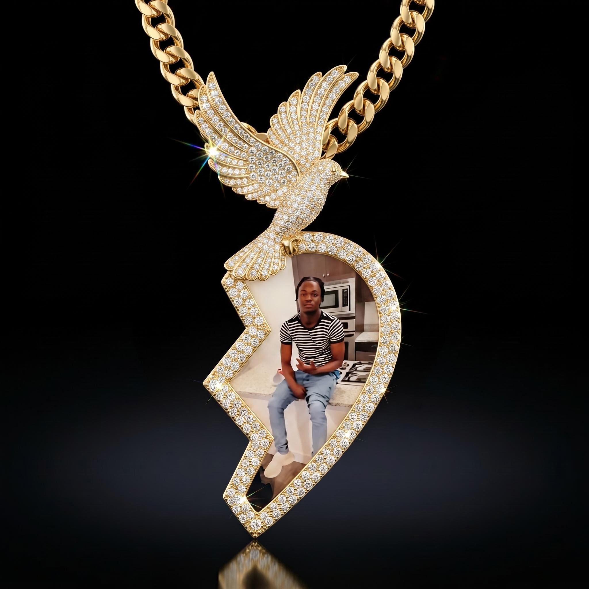 Iced Out 3" Broken Heart Peace Dove Custom Photo Pendant Iced Out 3" Broken Heart Peace Dove Custom Photo Pendant
