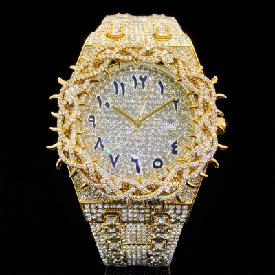 Iced Out Thorn Crown Men's Watch in Gold