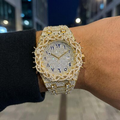 Iced Out Thorn Crown Men's Watch in Gold