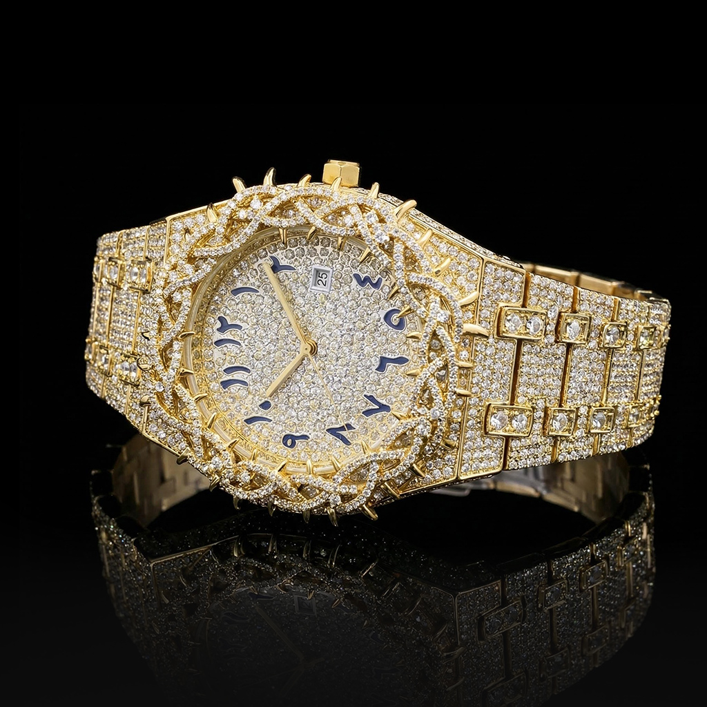 Iced Out Thorn Crown Men's Watch in Gold