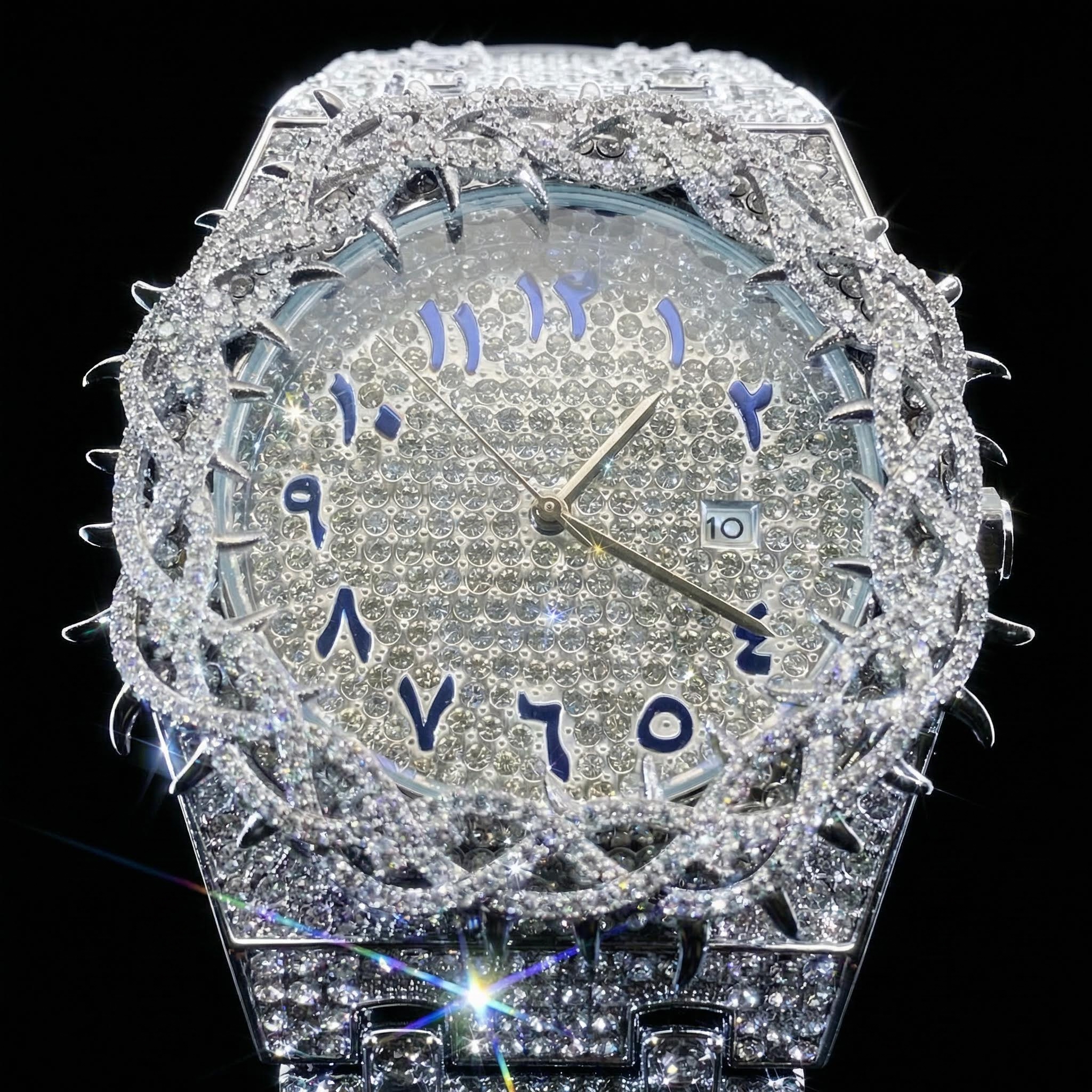 Iced Out Thorn Crown Men's Watch in White Gold