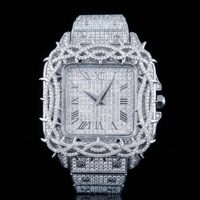 Iced Out Thorn Crown Square Quartz Men's Watch in White Gold