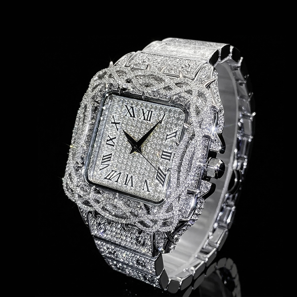 Iced Out Thorn Crown Square Quartz Men's Watch in White Gold
