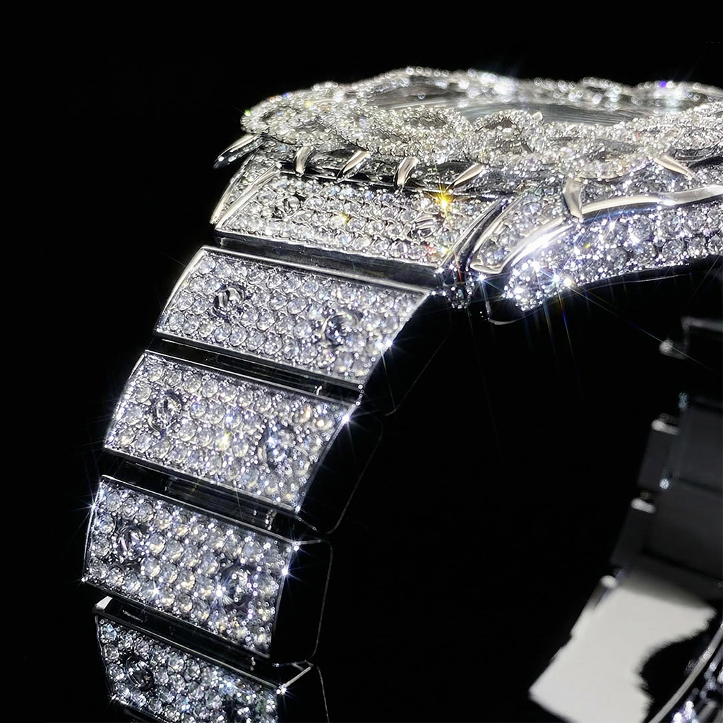 Iced Out Thorn Crown Square Quartz Men's Watch in White Gold