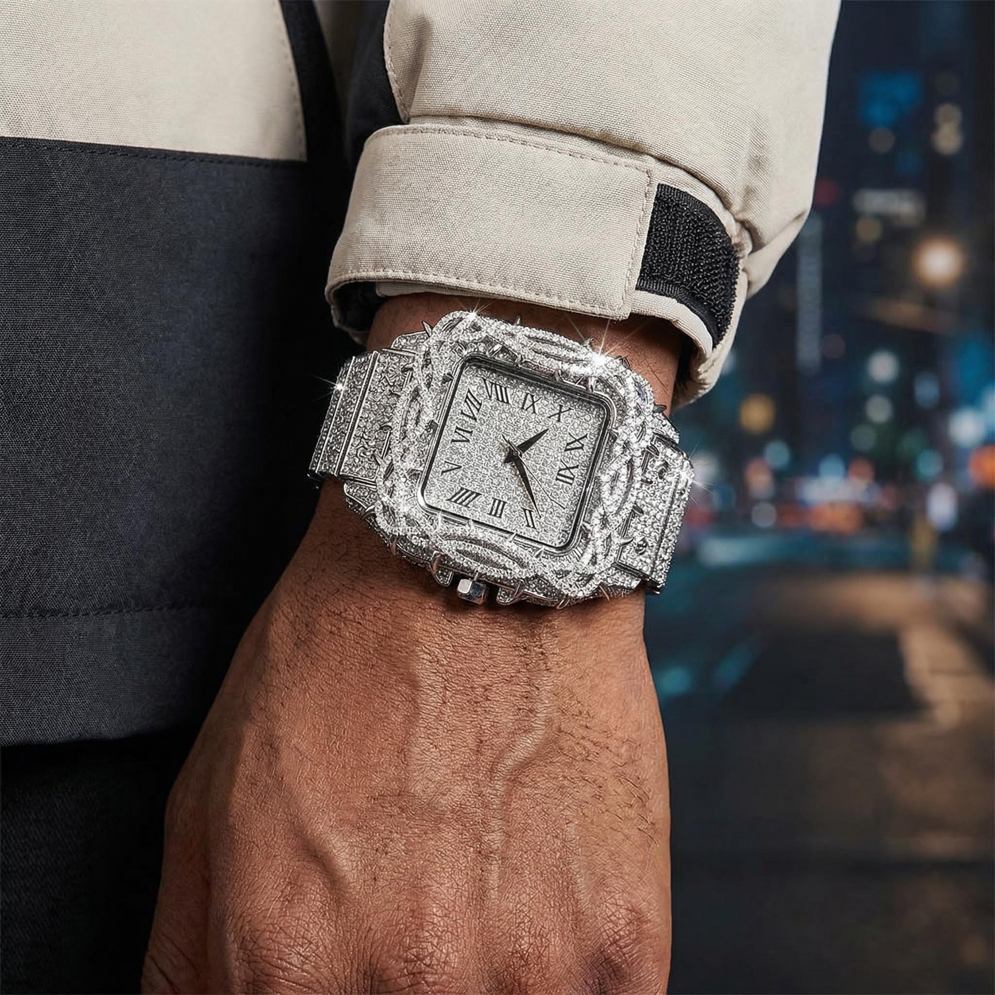Iced Out Thorn Crown Square Quartz Men's Watch in White Gold