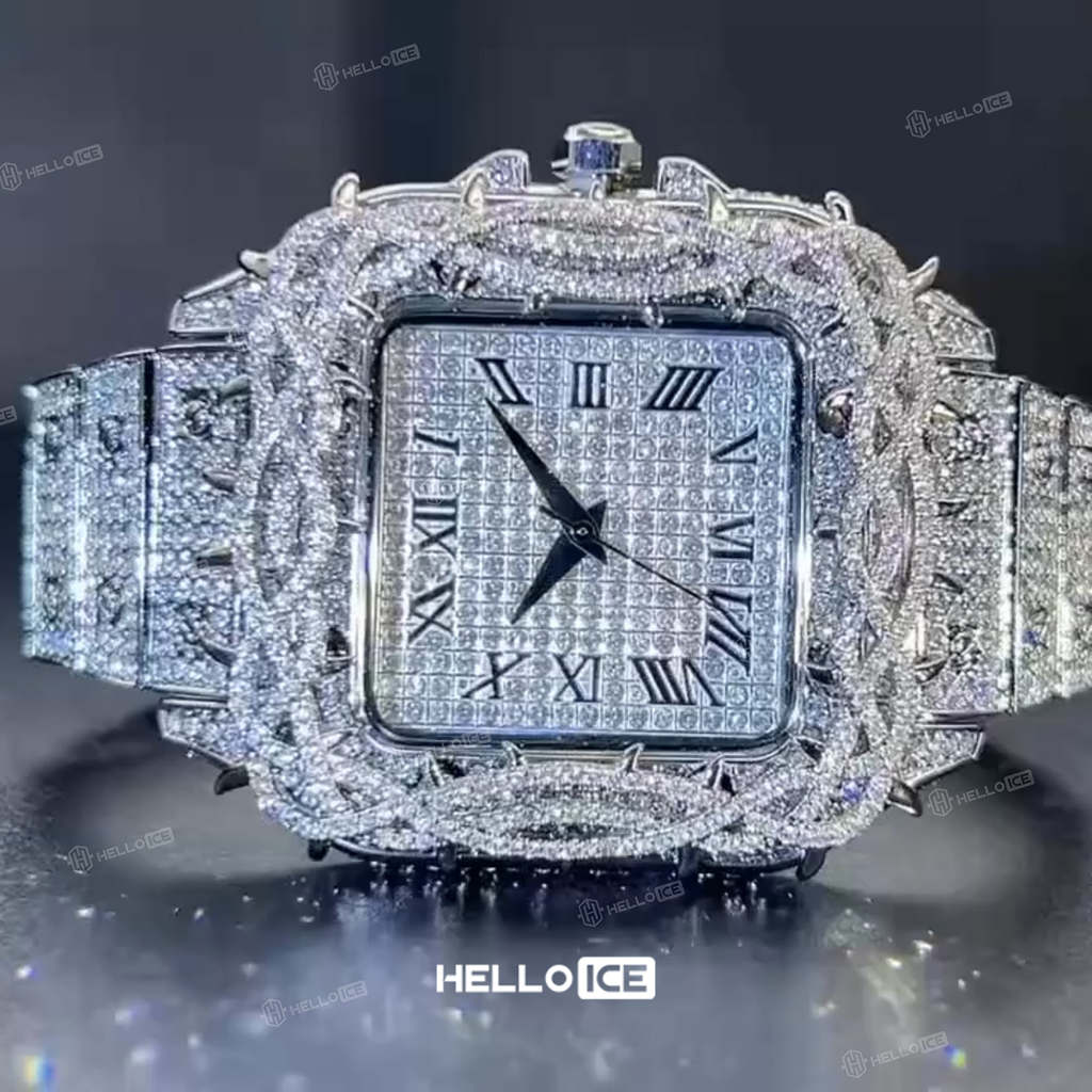 Iced Out Thorn Crown Square Quartz Men's Watch in White Gold