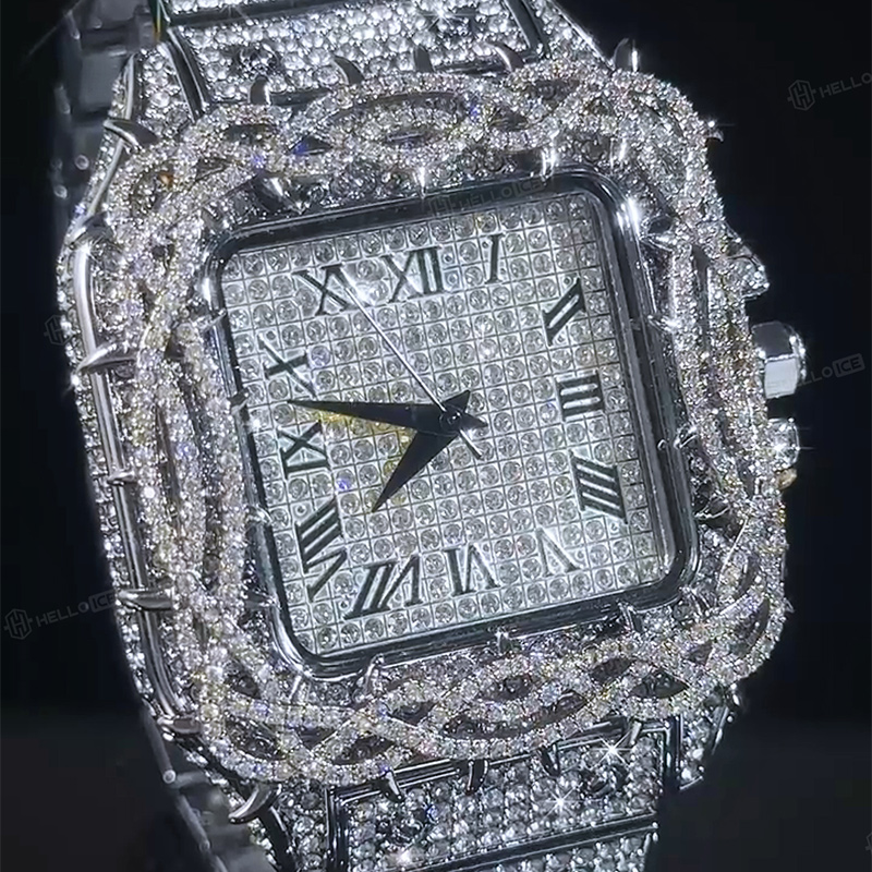 Iced Out Thorn Crown Square Quartz Men's Watch in White Gold Iced Out Thorn Crown Square Quartz Men's Watch in White Gold
