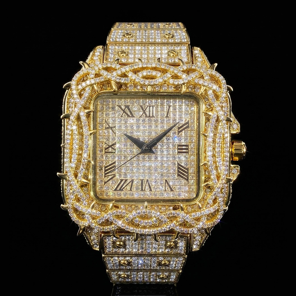Iced Out Thorn Crown Square Quartz Men's Watch in Gold