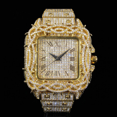 Iced Out Thorn Crown Square Quartz Men's Watch in Gold