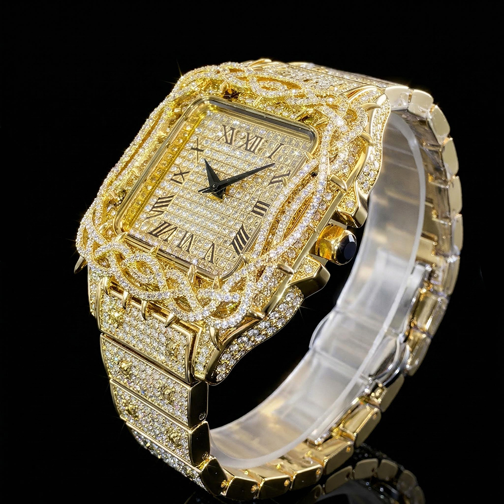 Iced Out Thorn Crown Square Quartz Men's Watch in Gold