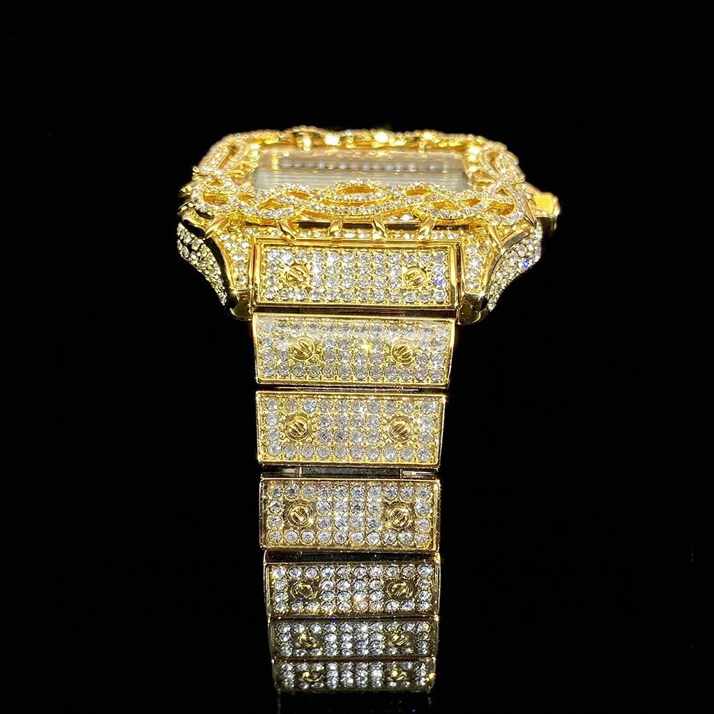 Iced Out Thorn Crown Square Quartz Men's Watch in Gold
