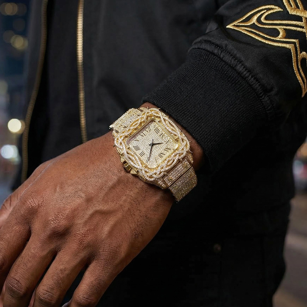 Iced Out Thorn Crown Square Quartz Men's Watch in Gold