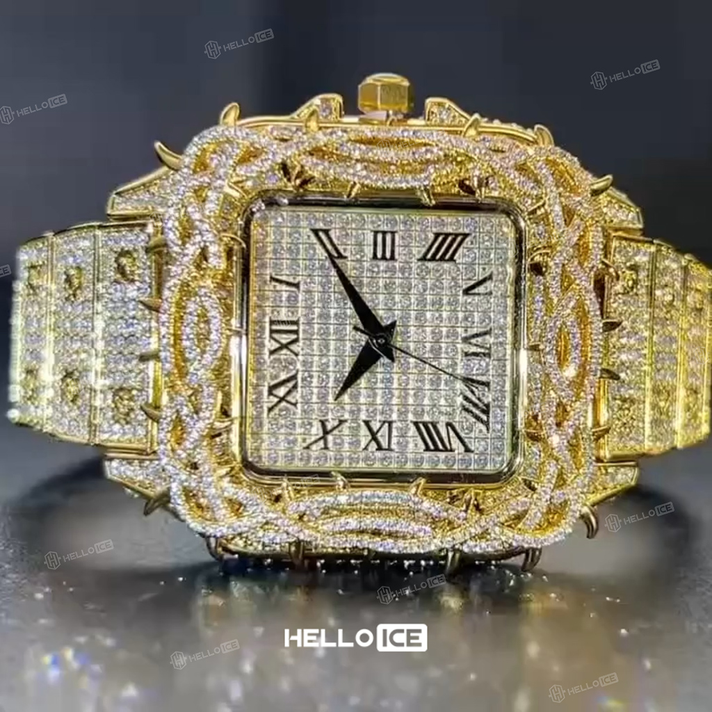 Iced Out Thorn Crown Square Quartz Men's Watch in Gold