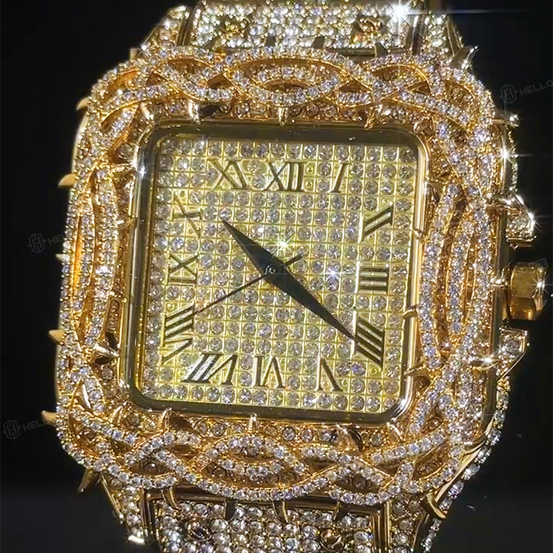Iced Out Thorn Crown Square Quartz Men's Watch in Gold Iced Out Thorn Crown Square Quartz Men's Watch in Gold
