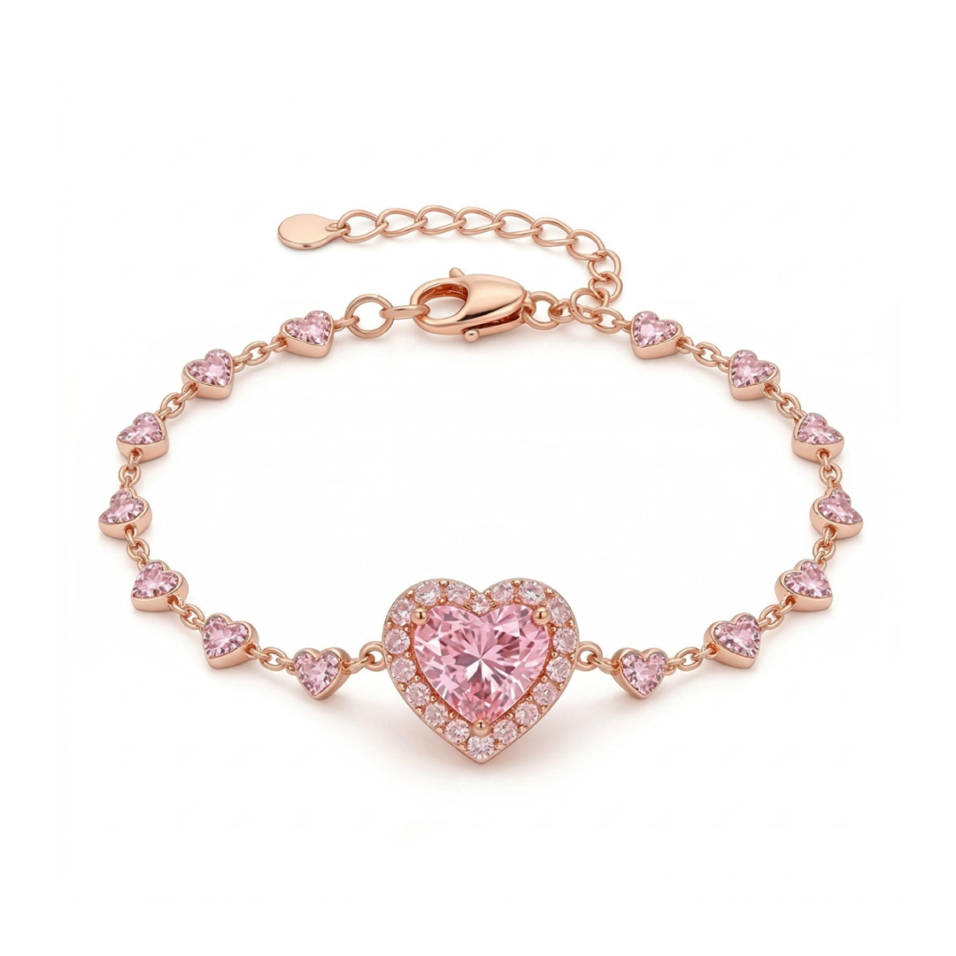 Halo Pink Heart Cut S925 Silver Bracelet