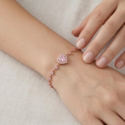 Halo Pink Heart Cut S925 Silver Bracelet