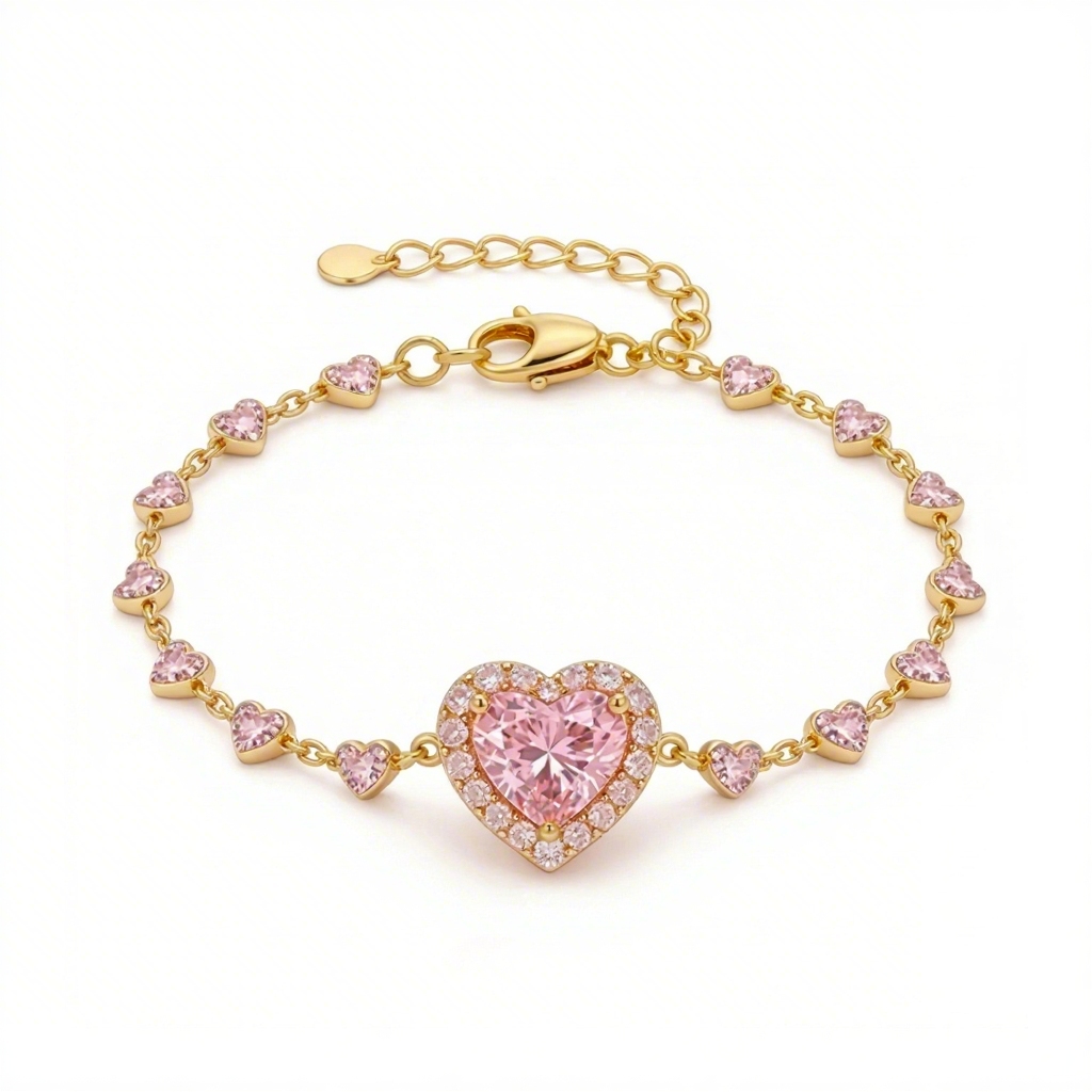 Halo Pink Heart Cut S925 Silver Bracelet