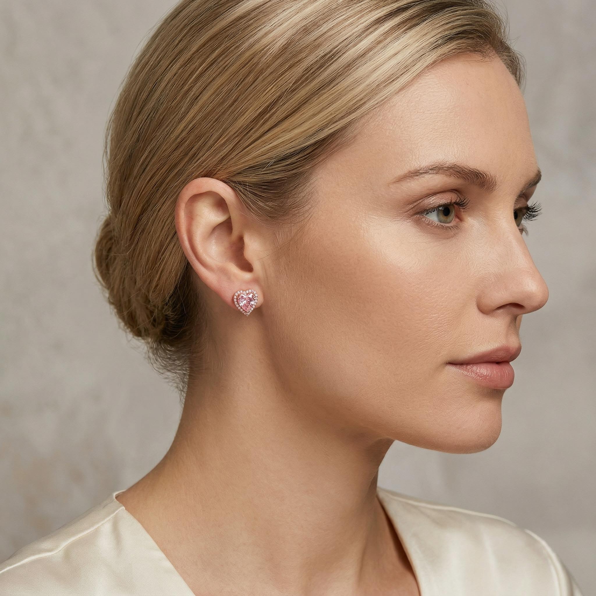 1.0ct CTW Heart Shaped Halo Pink Heart Cut S925 Silver Earrings