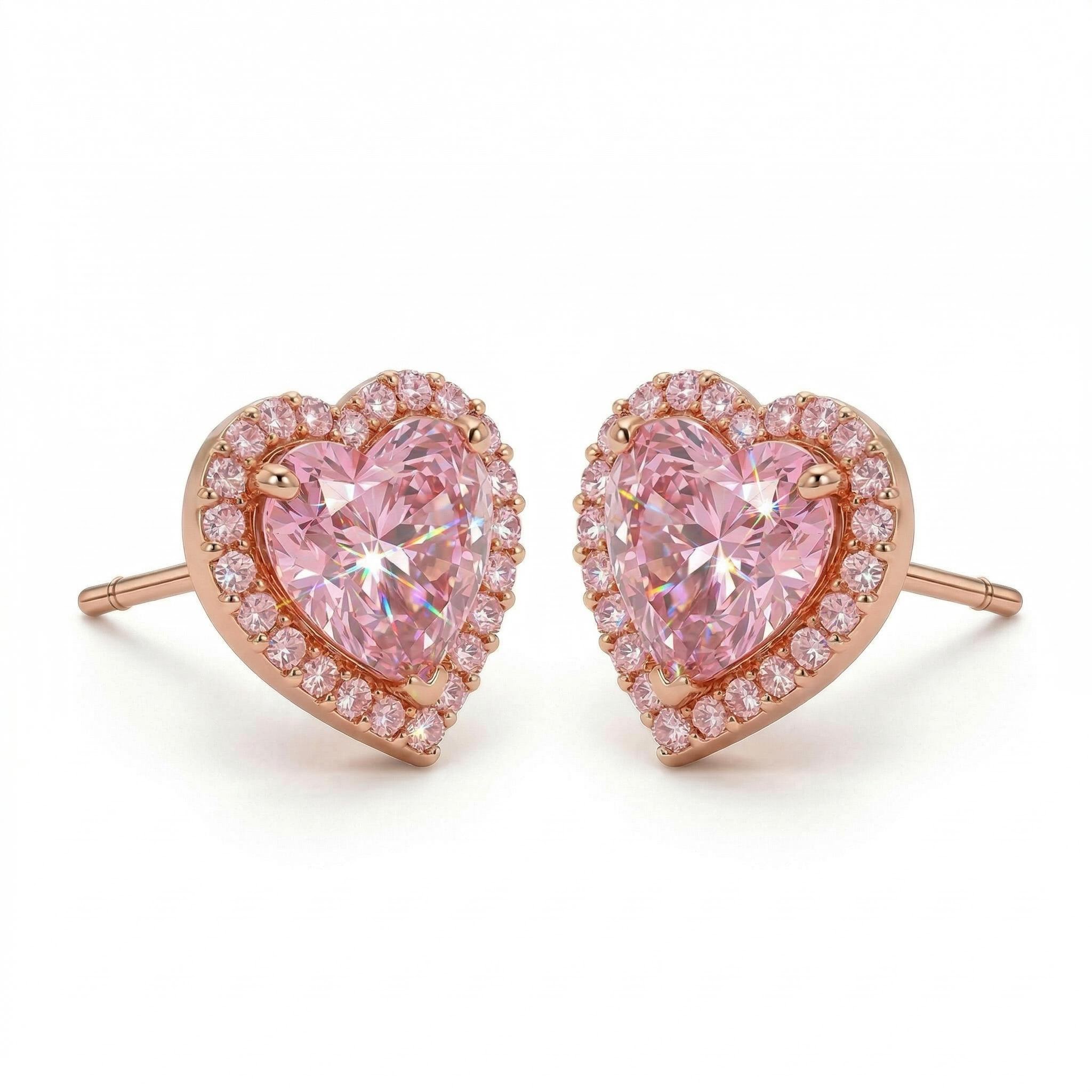 1.0ct CTW Heart Shaped Halo Pink Heart Cut S925 Silver Earrings