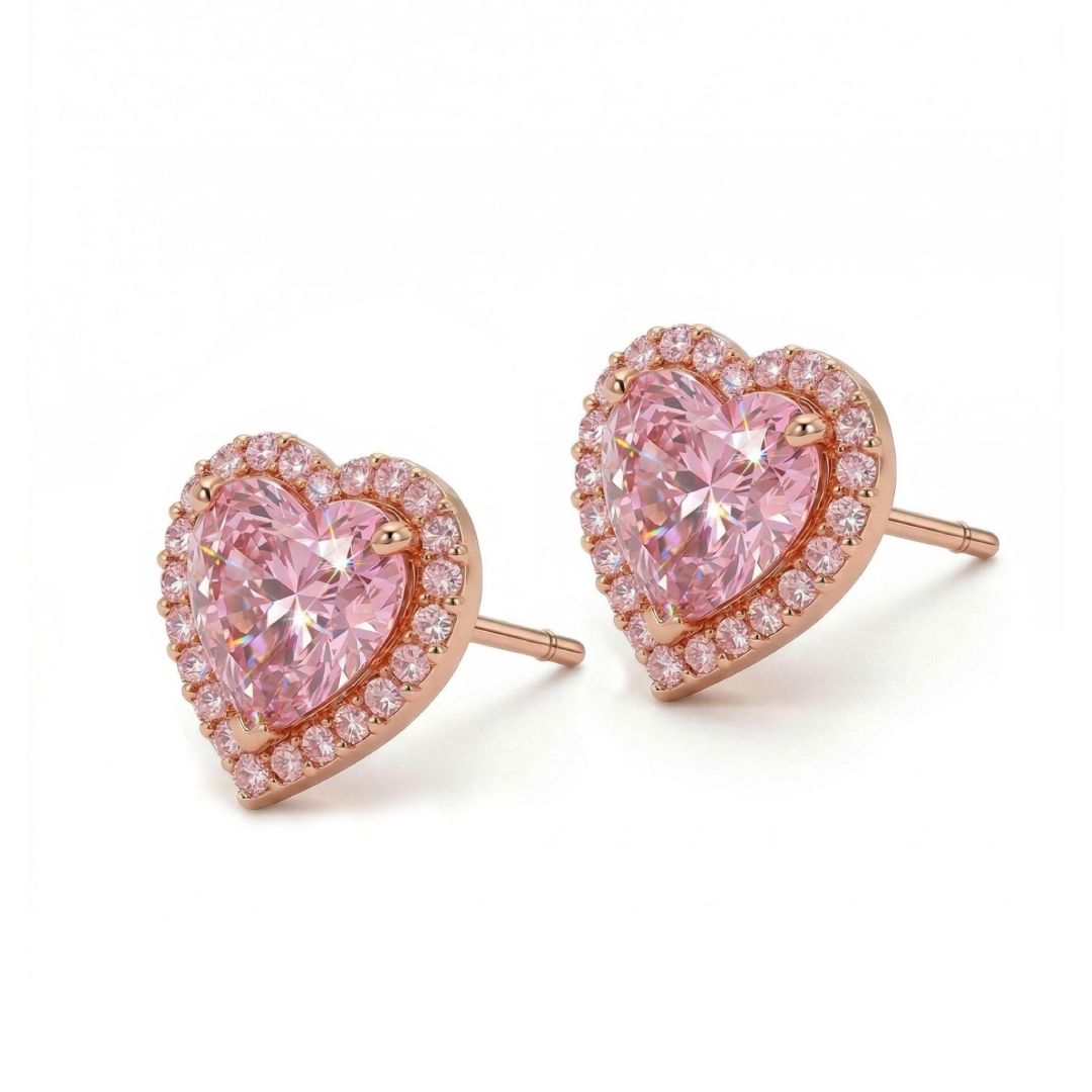 1.0ct CTW Heart Shaped Halo Pink Heart Cut S925 Silver Earrings