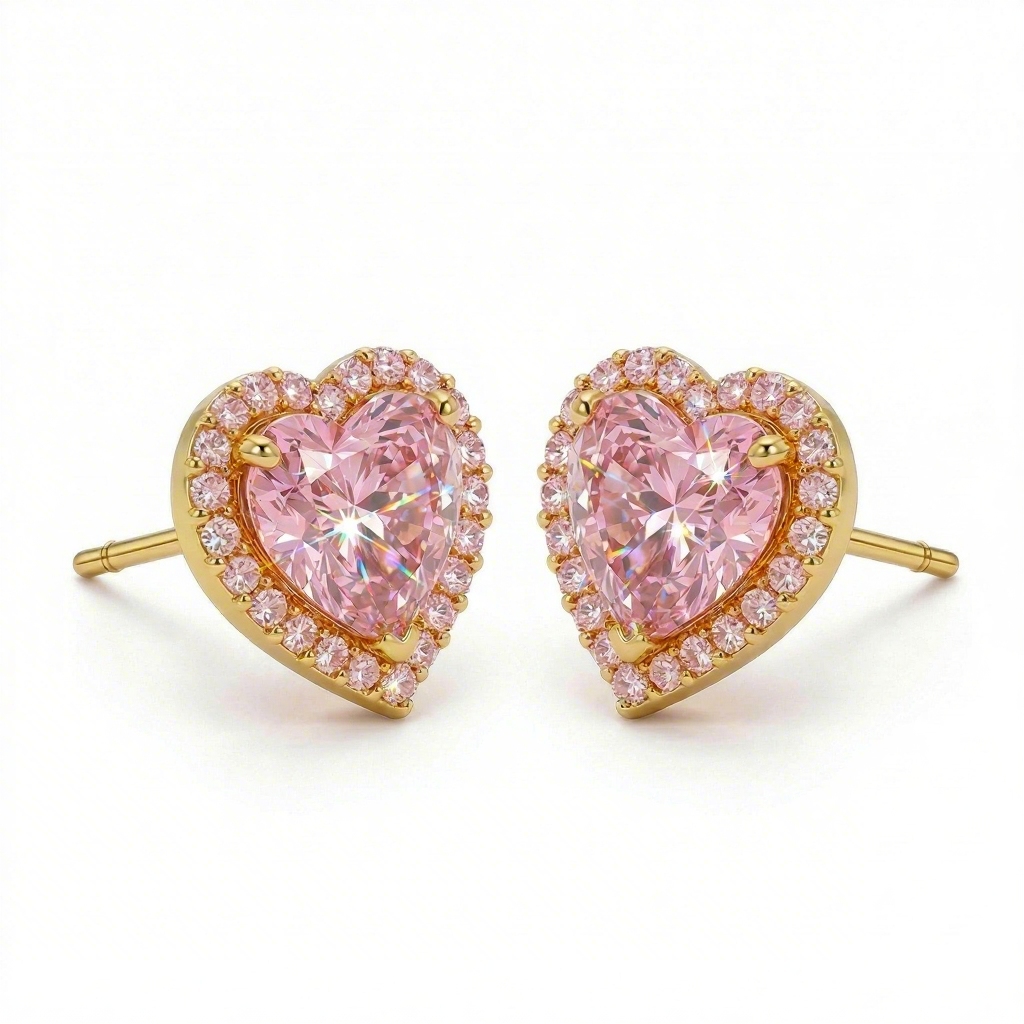1.0ct CTW Heart Shaped Halo Pink Heart Cut S925 Silver Earrings