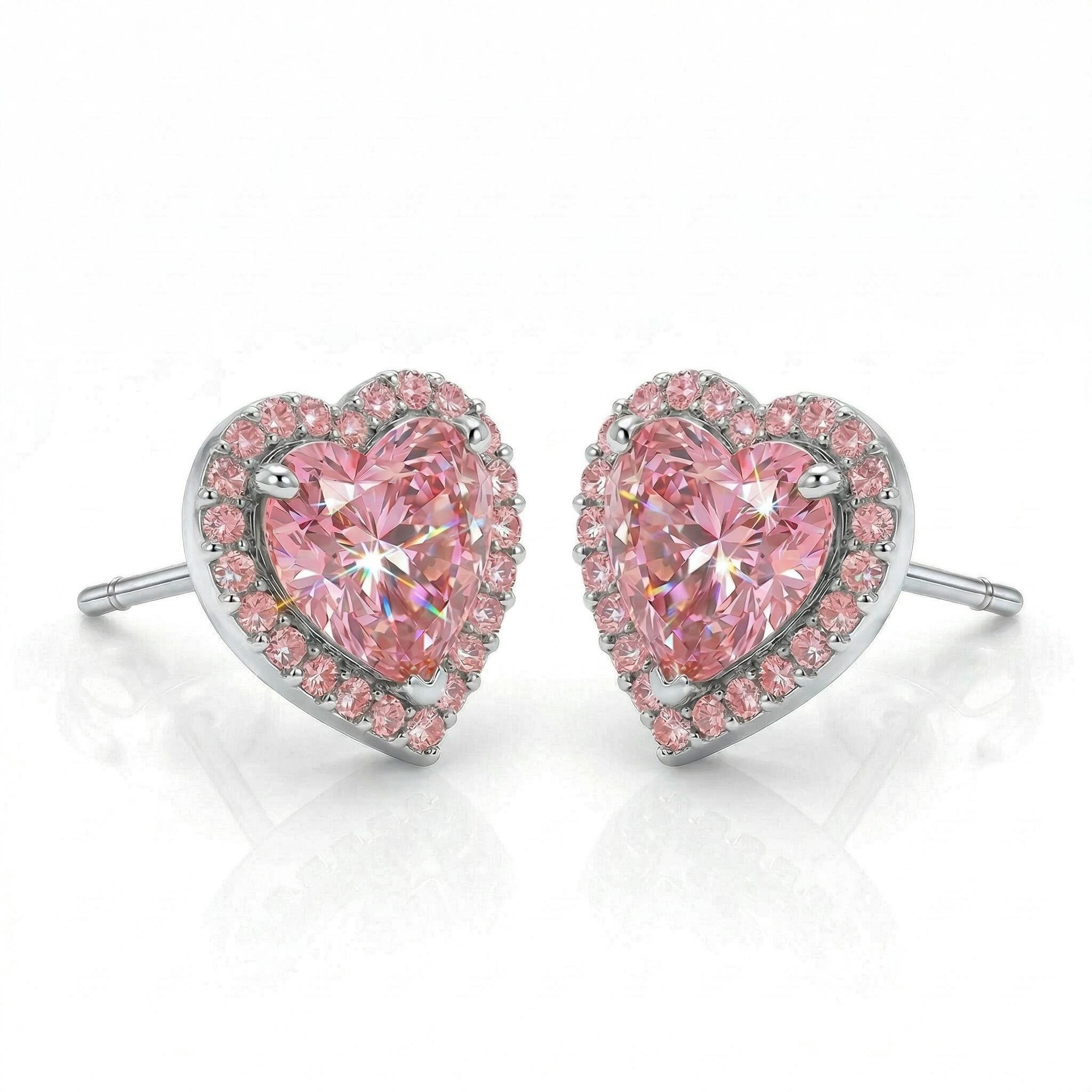 1.0ct CTW Heart Shaped Halo Pink Heart Cut S925 Silver Earrings