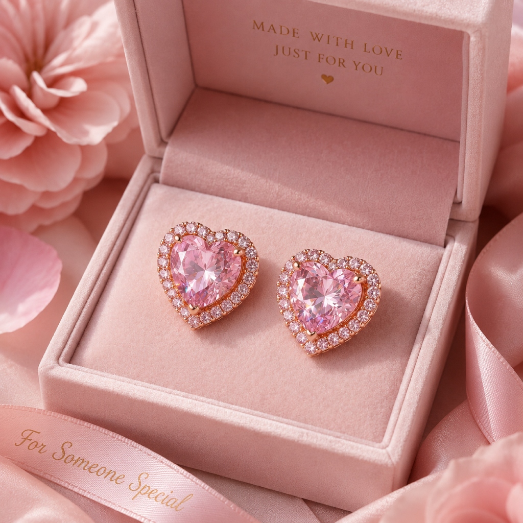 0.71 ct.tw. Heart Shaped Halo Pink Heart Cut S925 Silver Earrings