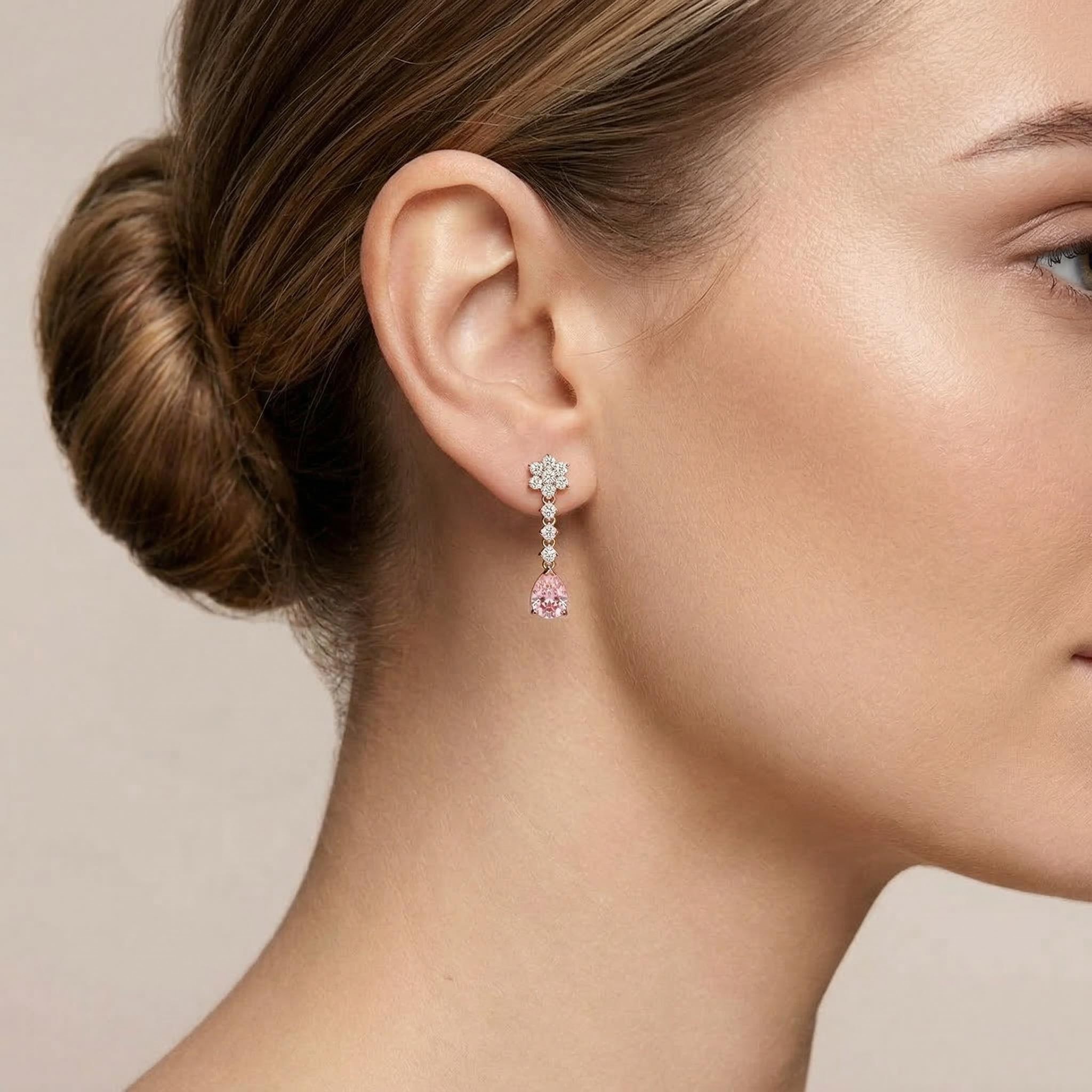 Floral Pink Pear Cut S925 Silver Drop Earrings Floral Pink Pear Cut S925 Silver Drop Earrings