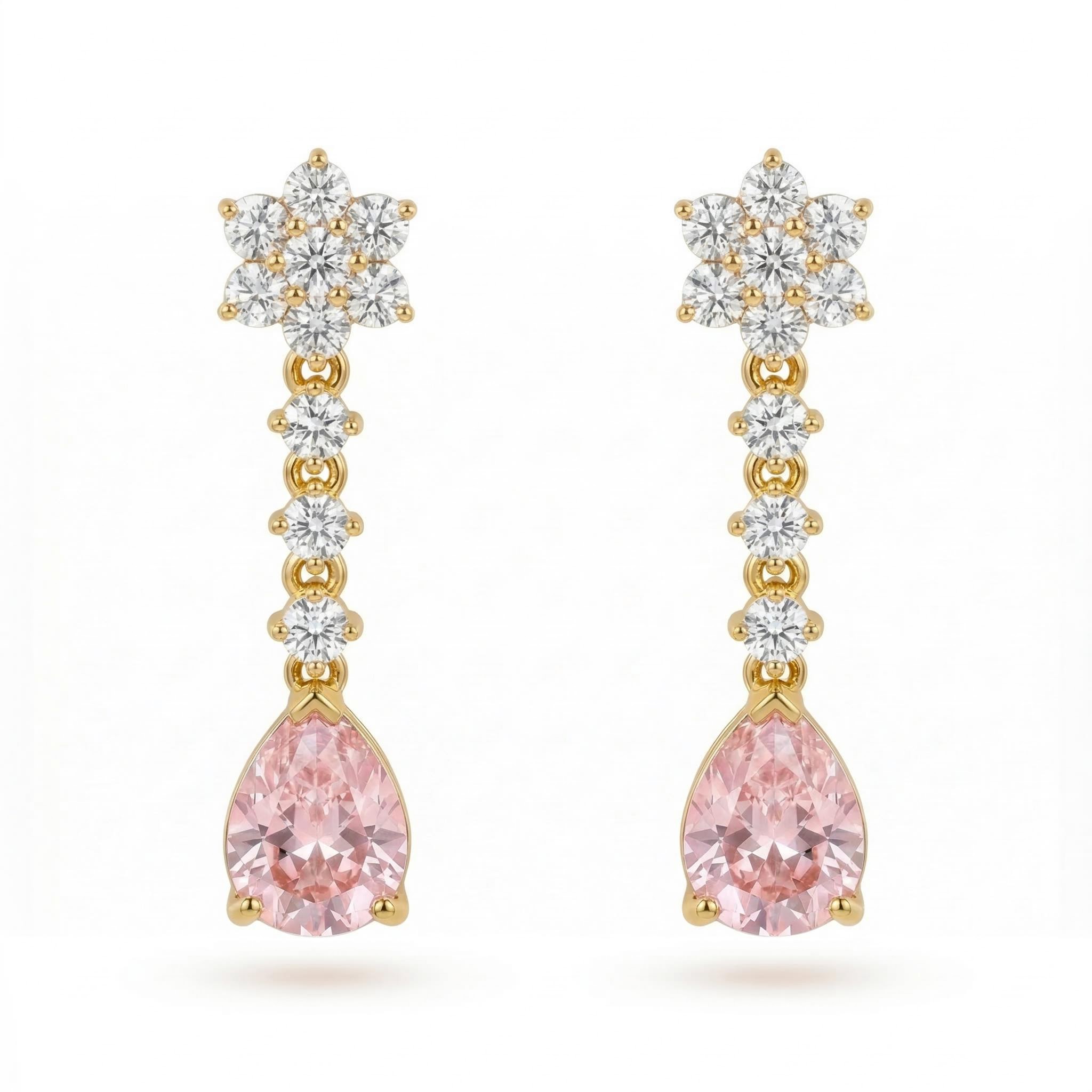 Floral Pink Pear Cut S925 Silver Drop Earrings Floral Pink Pear Cut S925 Silver Drop Earrings