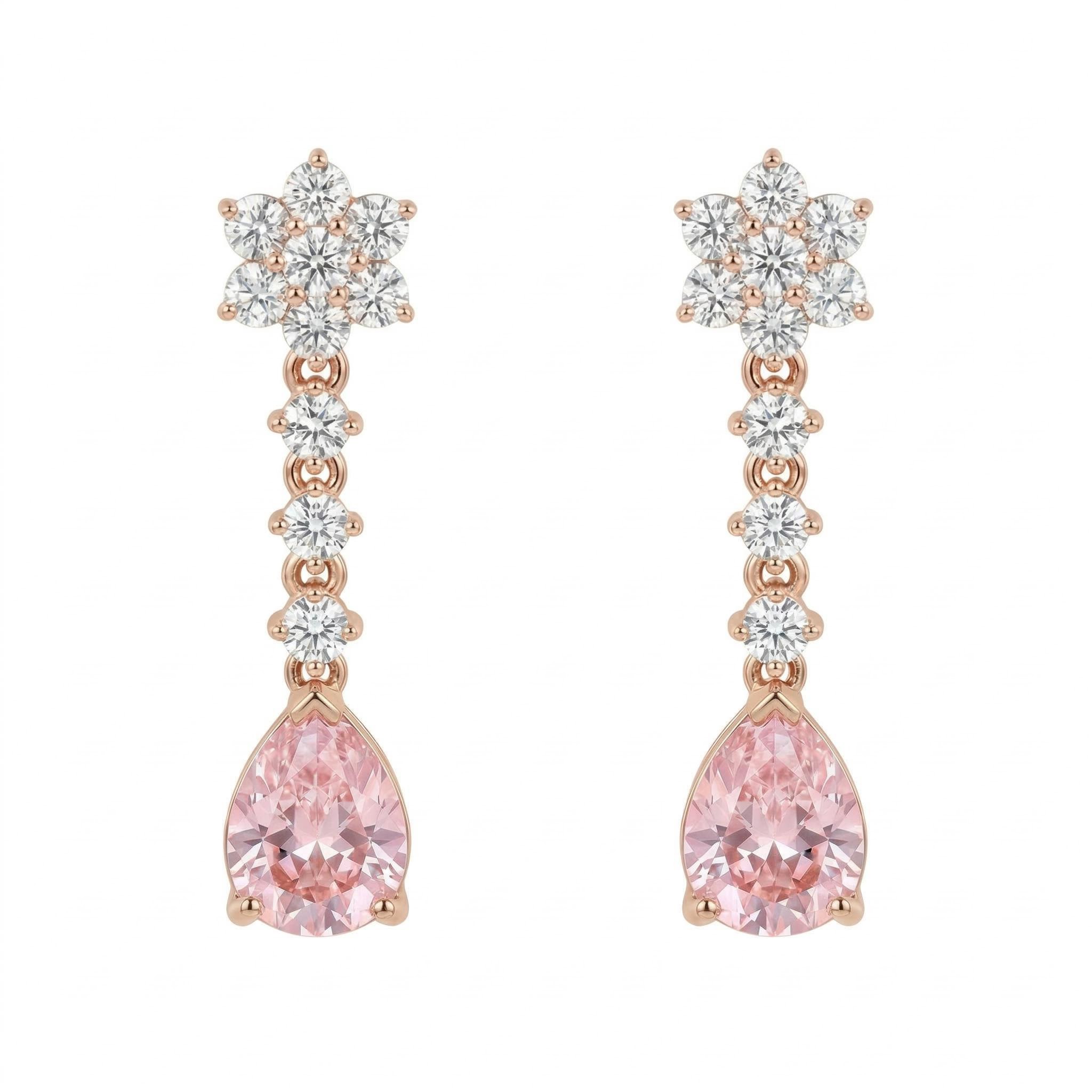 Floral Pink Pear Cut S925 Silver Drop Earrings Floral Pink Pear Cut S925 Silver Drop Earrings