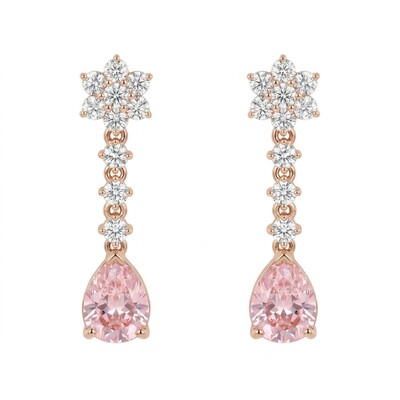 Floral Pink Pear Cut S925 Silver Drop Earrings