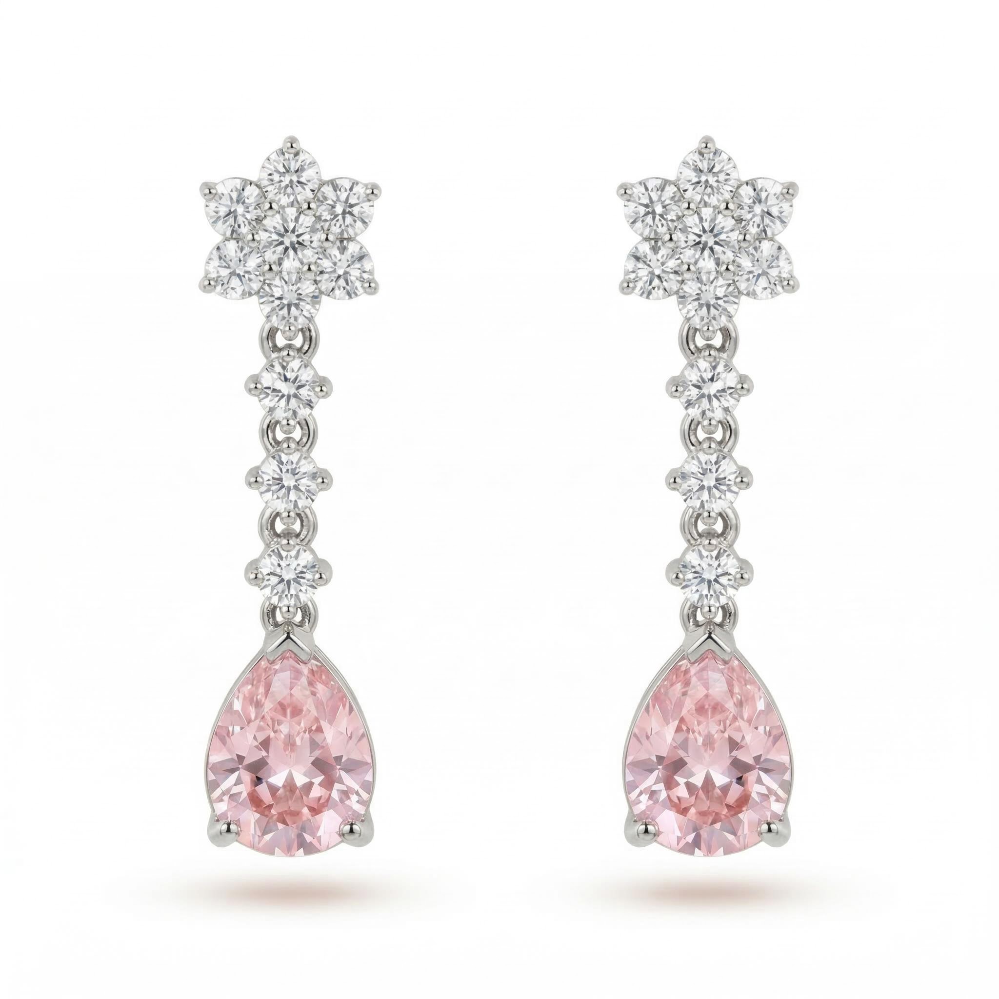 Floral Pink Pear Cut S925 Silver Drop Earrings