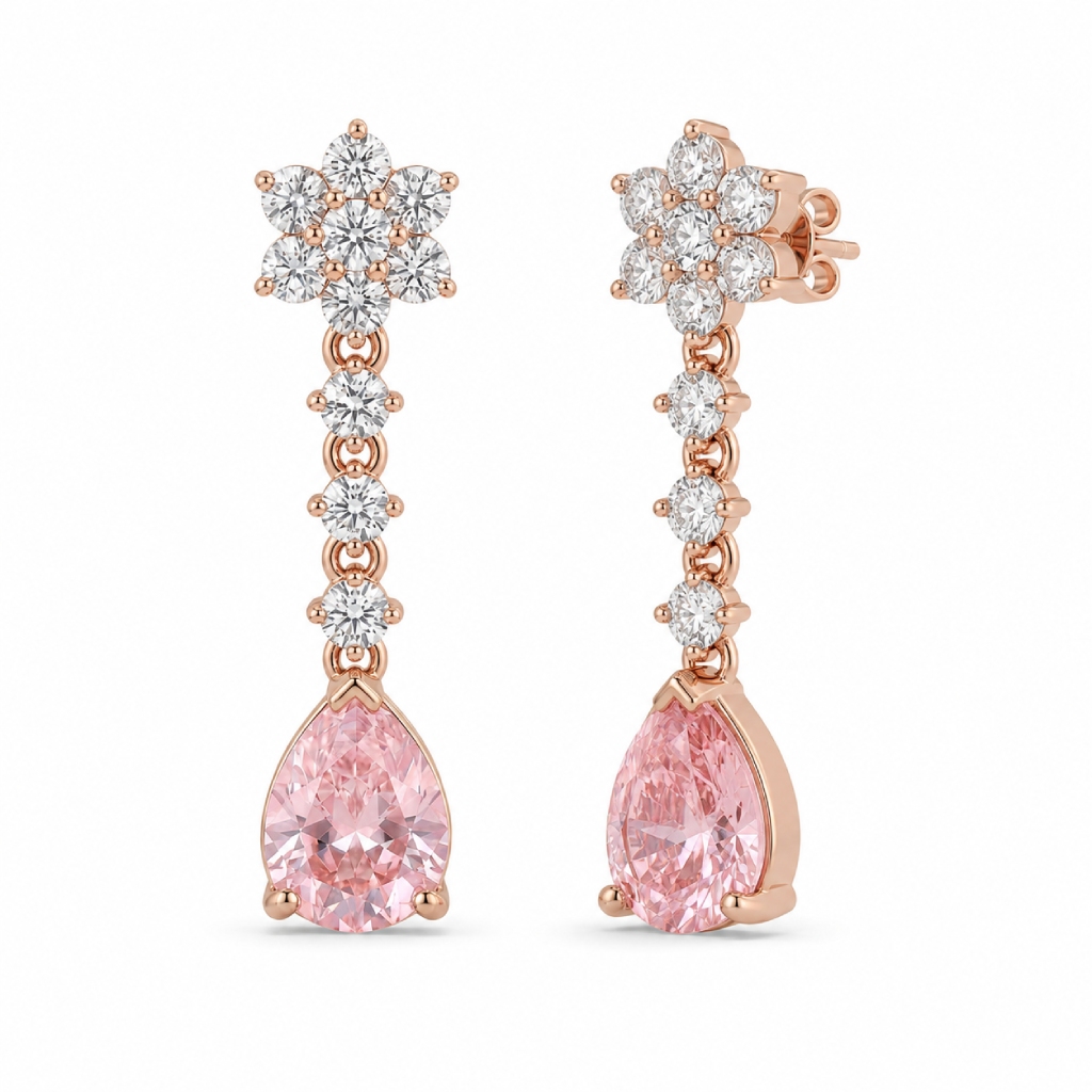Floral Pink Pear Cut S925 Silver Drop Earrings Floral Pink Pear Cut S925 Silver Drop Earrings