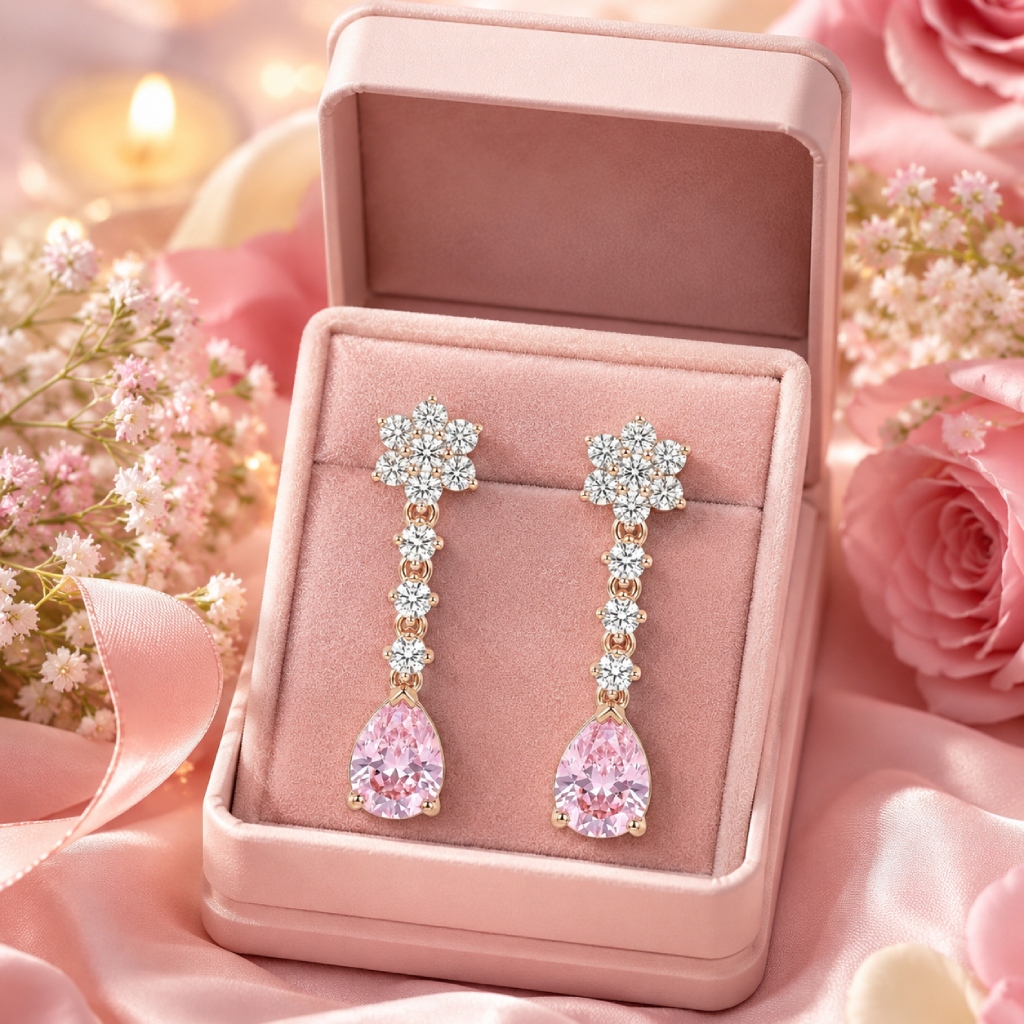 Floral Pink Pear Cut S925 Silver Drop Earrings Floral Pink Pear Cut S925 Silver Drop Earrings