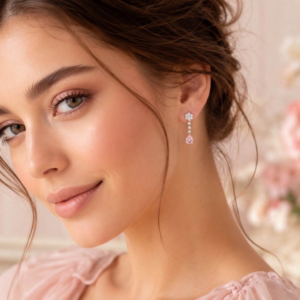 Floral Pink Pear Cut S925 Silver Drop Earrings Floral Pink Pear Cut S925 Silver Drop Earrings