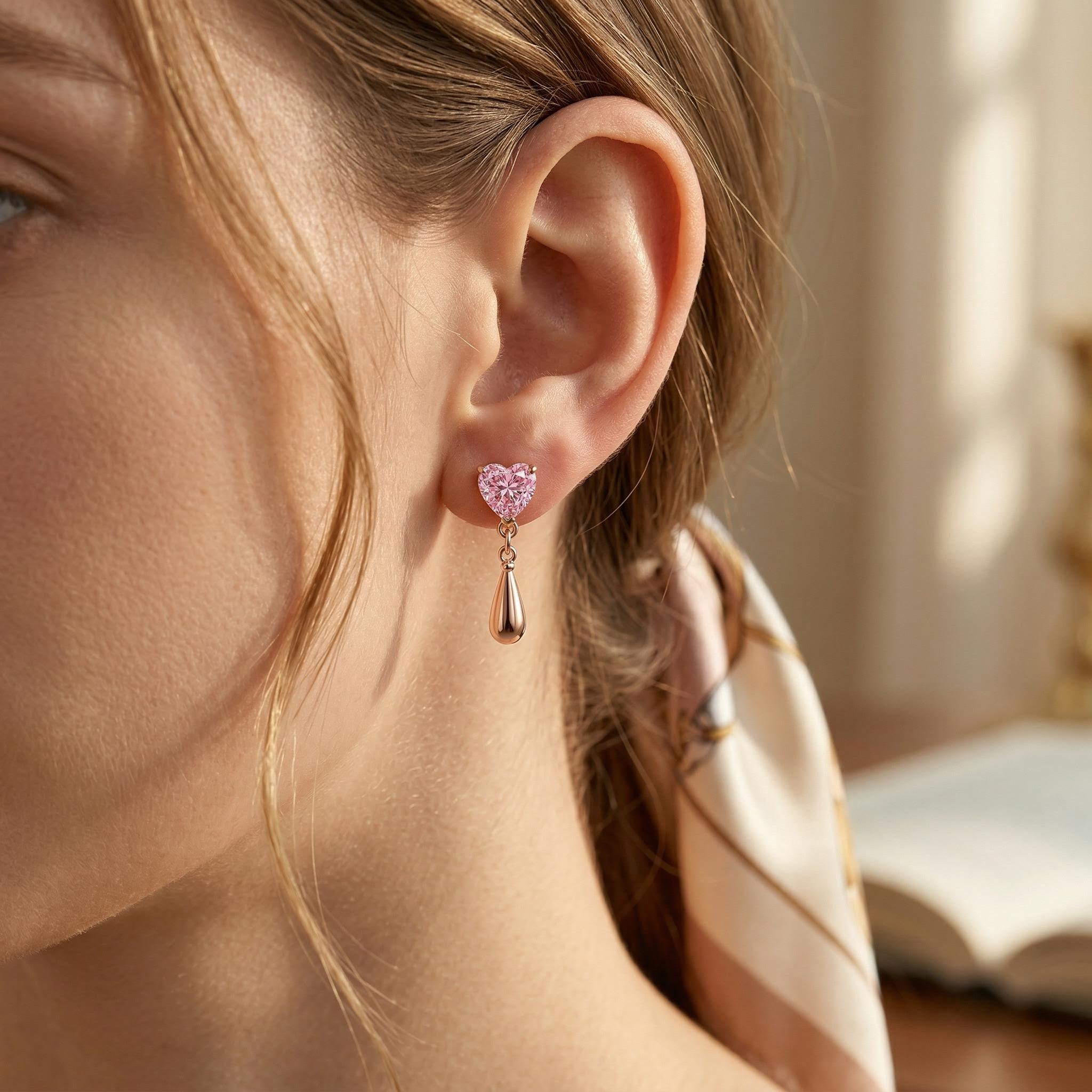 3.0 ct.tw Pink Heart Cut with Water Drop Shaped S925 Silver Earrings