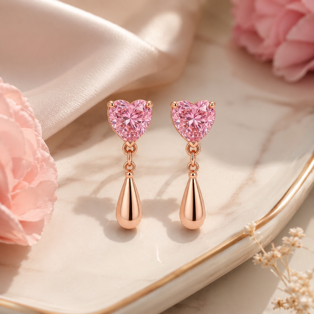 2.4 ct.tw. Pink Heart Cut with Water Drop Shaped S925 Silver Earrings