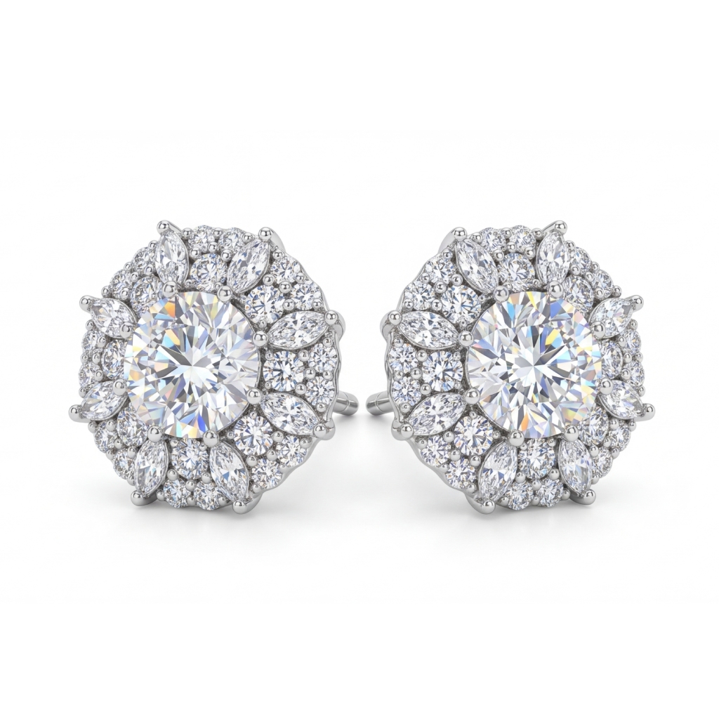 2.0 ct.tw Dense Cluster Round& Marquise Cut S925 Silver Stud Earrings