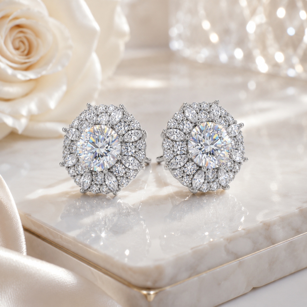 2.0 ct.tw. Dense Cluster Round& Marquise Cut S925 Silver Stud Earrings