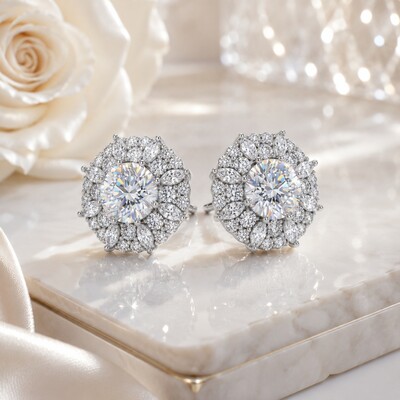 2.0 ct.tw. Dense Cluster Round& Marquise Cut S925 Silver Stud Earrings