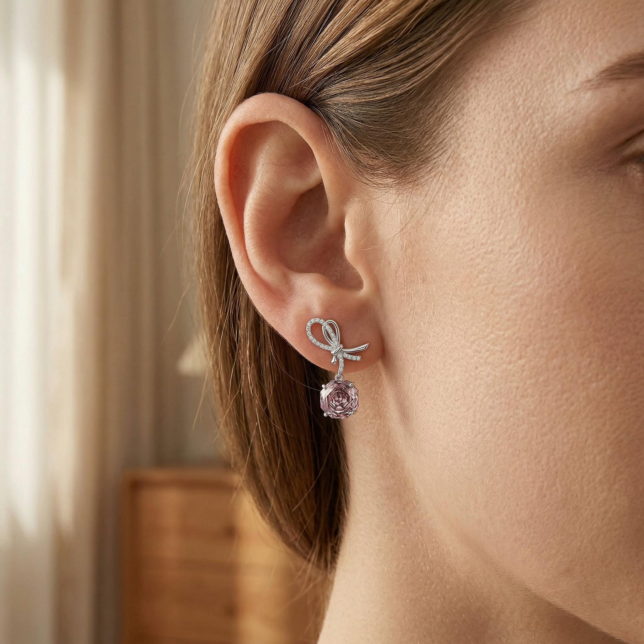 Bow-shaped Purple Red Rose Cut S925 Silver Drop Earrings Bow-shaped Purple Red Rose Cut S925 Silver Drop Earrings