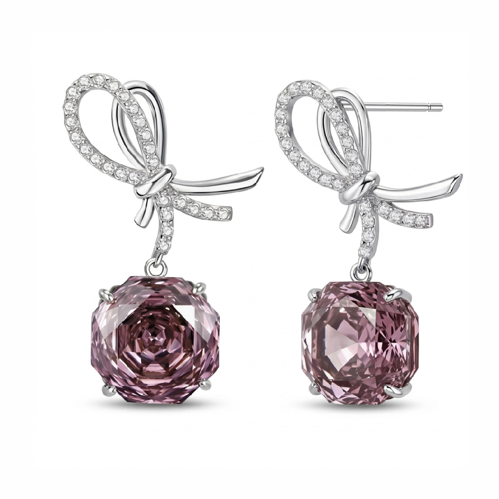 Bow-shaped Purple Red Rose Cut S925 Silver Drop Earrings Bow-shaped Purple Red Rose Cut S925 Silver Drop Earrings